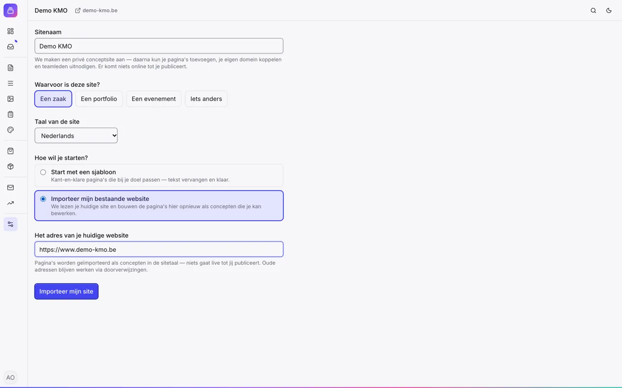 De wizard voor een nieuwe site in het beheerpaneel, met de keuze om een bestaande website te importeren en het adres van die website ingevuld.