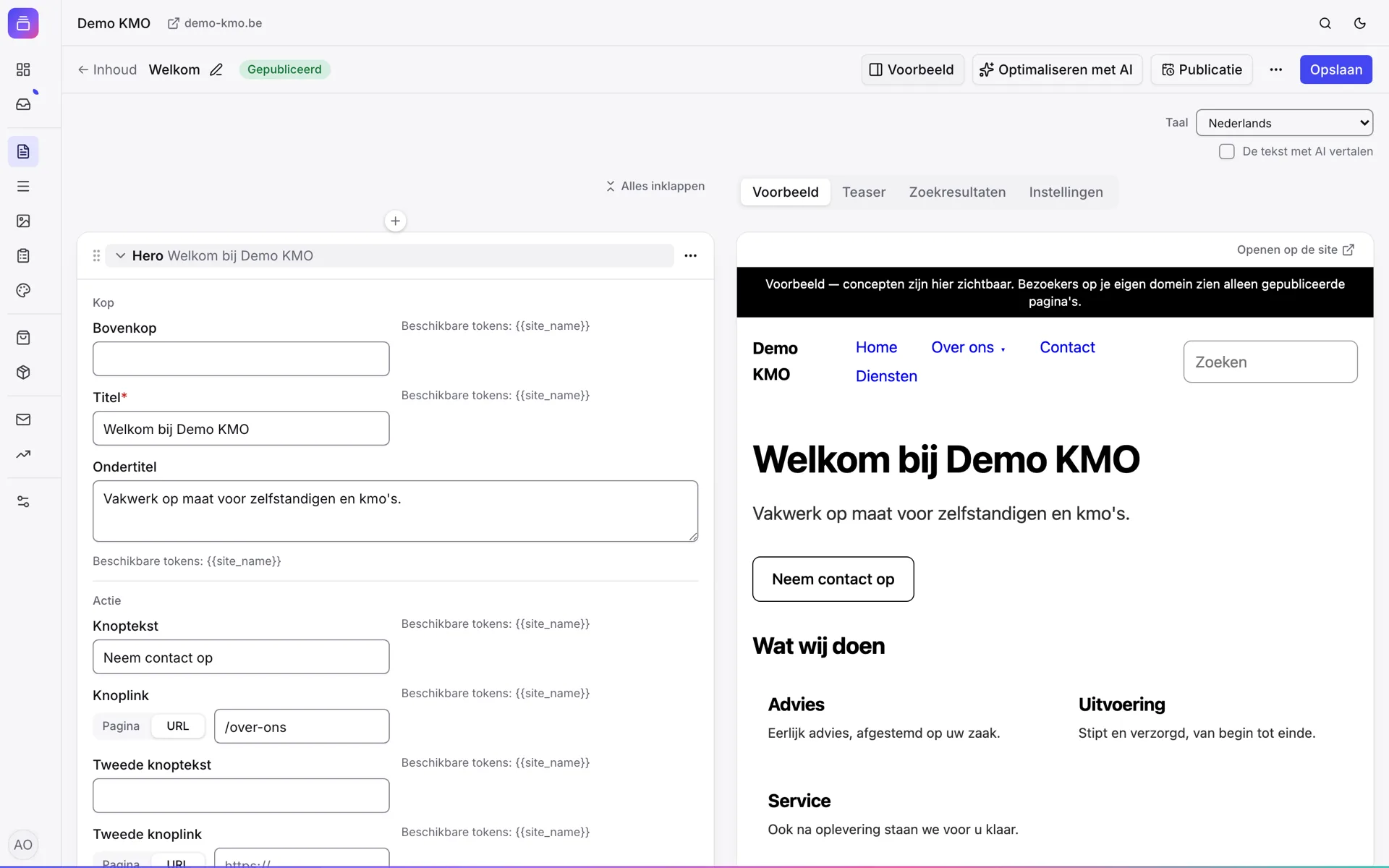 De inhoudsbewerker: links de tekstvelden van de homepagina, rechts meteen het resultaat op de site.